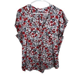 Liz Claiborne Blouse Women's XL Floral V-Neck Short Sleeve Printed Shirt Top